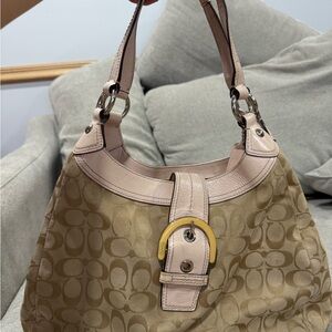 Coach Beige Signature Canvas Shoulder Bag with Pale Pink Leather Trim